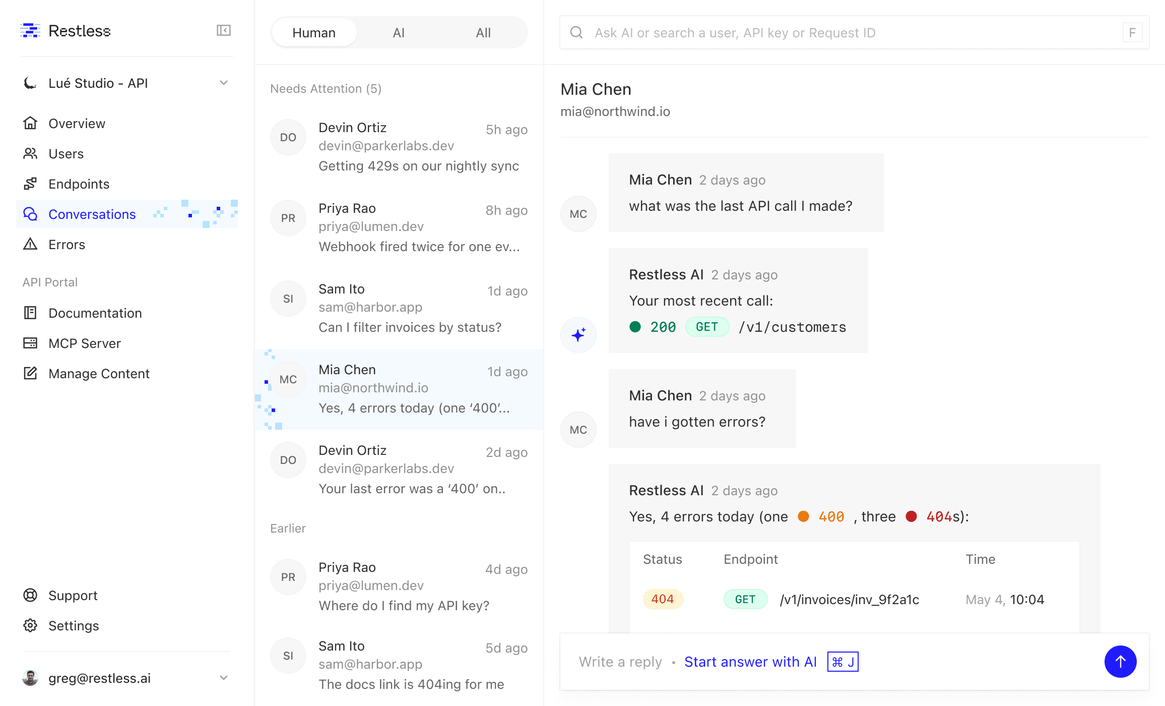 The Restless support inbox: a workspace rail, a list of developer conversations with Mia Chen’s thread open, and that thread showing her question, the AI’s answer, and her recent 404 and 401 requests above a reply box.